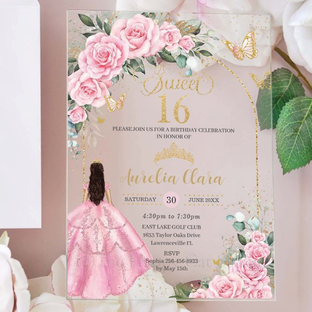 Invitaciones Acrílicas Pink Roses Floral Brunette Girl Gold Sweet Sixteen (Subido por el creador)