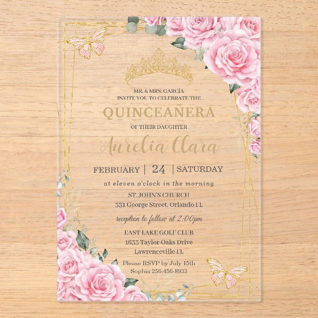 Invitaciones Acrílicas Pink Roses Floral Quinceanera Sweet 16 Butterflies (Anverso)