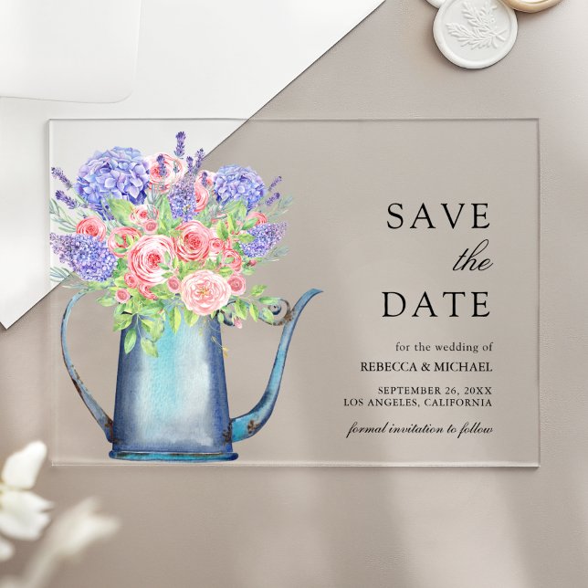 Invitaciones Acrílicas Pink Roses Purple Hydrangea Wedding Save the Date (Subido por el creador)