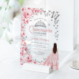 Invitaciones Acrílicas Pink Silver Floral Quinceanera