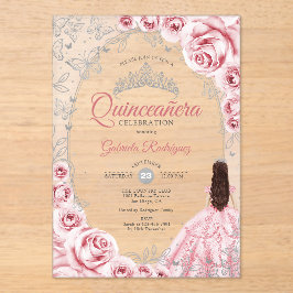 Invitaciones Acrílicas Pink Silver Quinceanera Floral