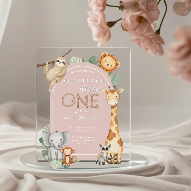 Invitaciones Acrílicas Pink Tropical Wild One Jungle Safari Animales (Subido por el creador)