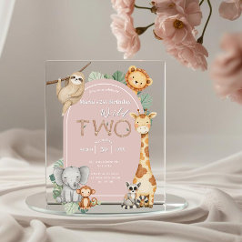 Invitaciones Acrílicas Pink Tropical Wild Two Jungle Safari Animales