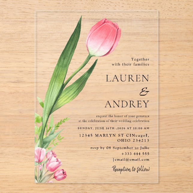 Invitaciones Acrílicas Pink Tulip Acrylic Wedding Invitation (Anverso)