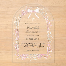 Invitaciones Acrílicas pink white flowers First Communion