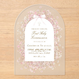 Invitaciones Acrílicas pink white flowers First Holy Communion