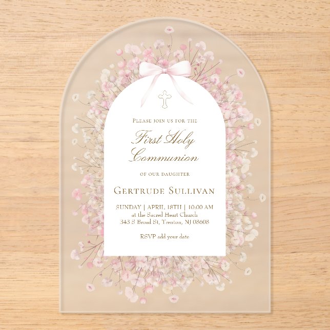 Invitaciones Acrílicas pink white flowers First Holy Communion (Anverso)