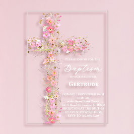 Invitaciones Acrílicas pink wildflowers cross Baptism Invitation