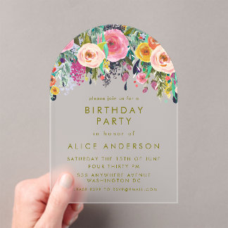 Invitaciones Acrílicas Pintado Floral Elegante Aniversario Claro