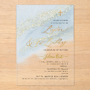 Invitaciones Acrílicas PixDezines Azul Polvoriento Dorado Bautizo+1er Cum