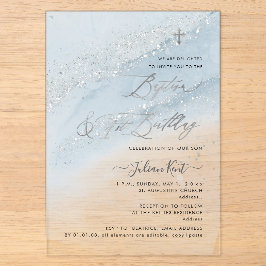 Invitaciones Acrílicas PixDezines Azul Polvoriento Plateado Bautizo+1er C