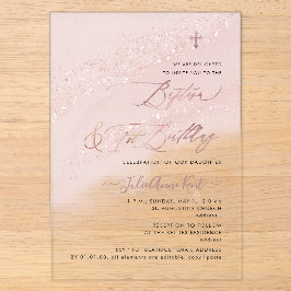 Invitaciones Acrílicas PixDezines Bautizo de Rosa Dorado + Cumpleaños 1