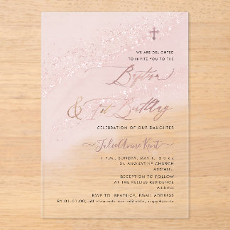 Invitaciones Acrílicas PixDezines Bautizo de Rosa Dorado + Cumpleaños 1