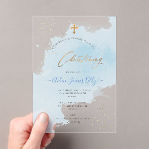 Invitaciones Acrílicas PixDezines Confeti Acuarela Azul Bautizo