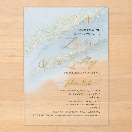 Invitaciones Acrílicas PixDezines Dusty Blue Gold Baptism+1st Birthday