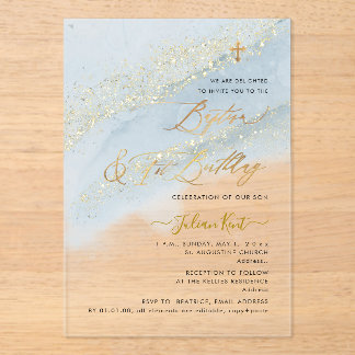 Invitaciones Acrílicas PixDezines Dusty Blue Gold Baptism+1st Birthday