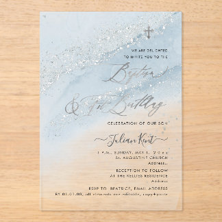 Invitaciones Acrílicas PixDezines Dusty Blue Silver Baptism+1st Birthday