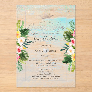 Invitaciones Acrílicas PixDezines Flores Tropicales+Quinceañera de Playa