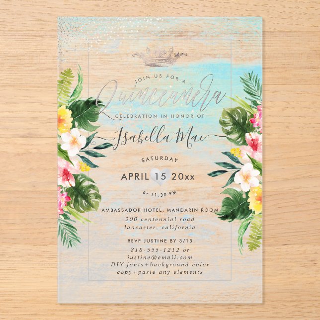Invitaciones Acrílicas PixDezines Flores Tropicales+Quinceañera de Playa (Anverso)