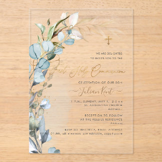 Invitaciones Acrílicas PixDezines H2 Azul Polvoriento de Eucalipto Foliag
