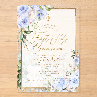 Invitaciones Acrílicas PixDezines H2 Blue Roses First Holy Communion