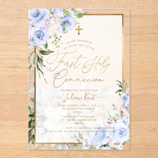 Invitaciones Acrílicas PixDezines H2 Blue Roses First Holy Communion (Anverso)