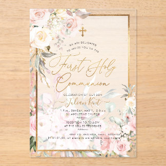 Invitaciones Acrílicas PixDezines H2 Blush Roses First Holy Communion