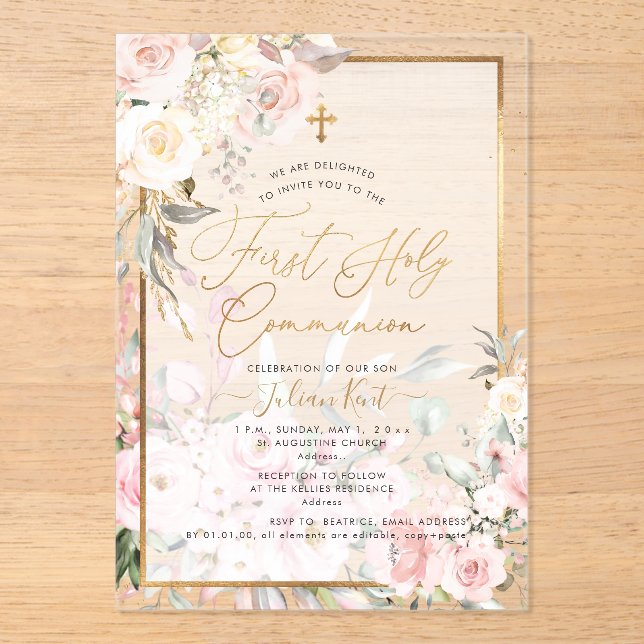 Invitaciones Acrílicas PixDezines H2 Blush Roses First Holy Communion (Anverso)