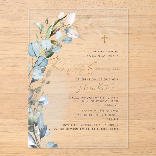 Invitaciones Acrílicas PixDezines H2 Dusty Blue Gum Foliage Communion  (Anverso)