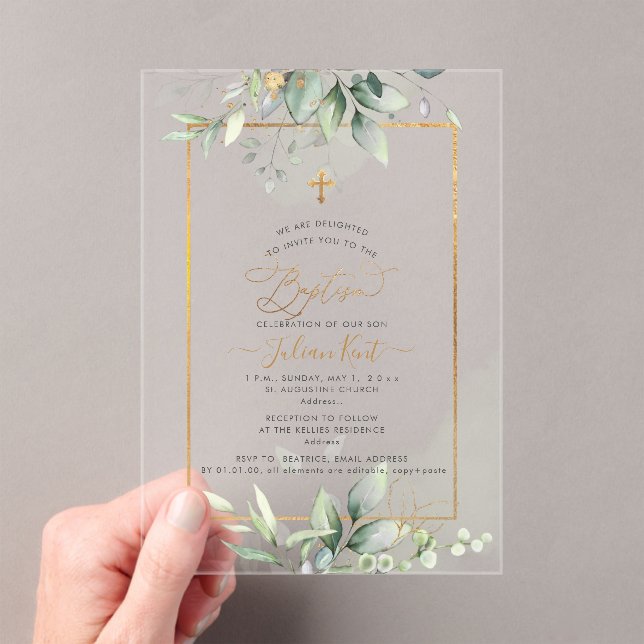 Invitaciones Acrílicas PixDezines H2 Green Gold Eucalyptus Baptism (Insitu (portátil))