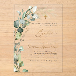 Invitaciones Acrílicas PixDezines H2 Greenery Gum Foliage Bautizo