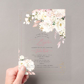 Invitaciones Acrílicas PixDezines H2 Hortensias Rosas Rubor Bautizo