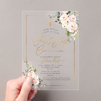 Invitaciones Acrílicas PixDezines H2 Rosas Rosadas Primera Comunión  En