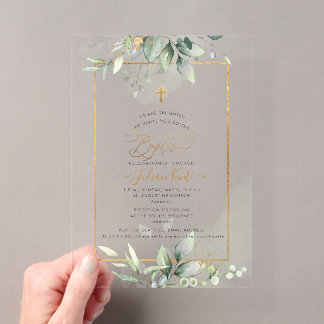 Invitaciones Acrílicas PixDezines H2 Verde Bautizo de Eucalipto Dorado