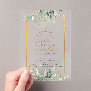 Invitaciones Acrílicas PixDezines H2 Verde Dorado Bautizo de Eucalipto