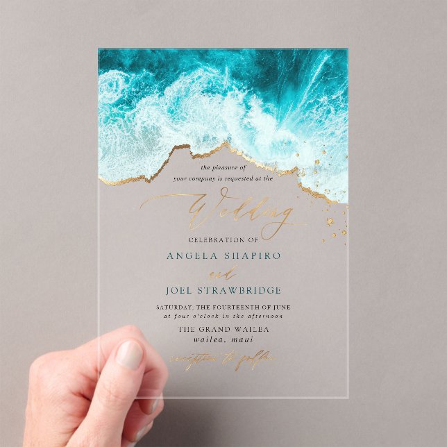 Invitaciones Acrílicas PixDezines Marine Waves Shoreline Beach Wedding (Insitu (portátil))