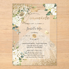 Invitaciones Acrílicas PixDezines Quinceanera Champagne Gold Glitter Gown