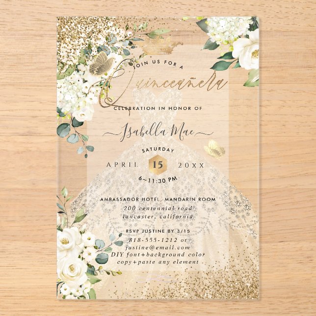Invitaciones Acrílicas PixDezines Quinceanera Champagne Gold Glitter Gown (Anverso)
