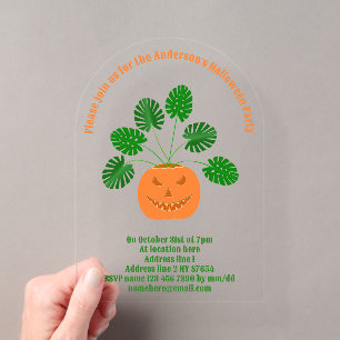 Invitaciones Acrílicas Planta Monstera de Halloween en Calabaza Personali