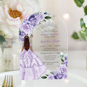 Invitaciones Acrílicas Plata Floral de lavanda morada Quinceañera dulce 1