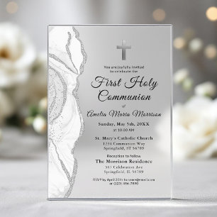 Invitaciones Acrílicas Plata Gris Agata Blanca Primera Comunión Niña