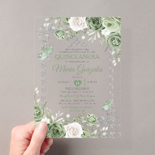 Invitaciones Acrílicas Plata Quinceañera Salvia Verde Corona Mariposa