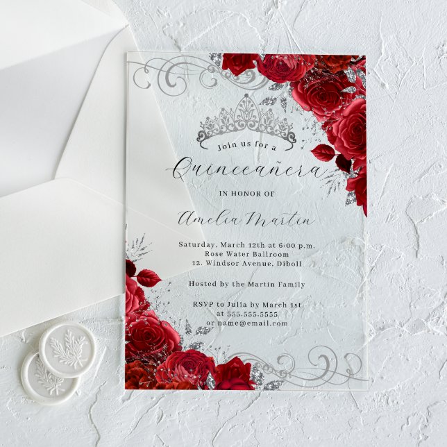 Invitaciones Acrílicas Plata Roja Clara Aritlal Floral Quinceanera (Subido por el creador)