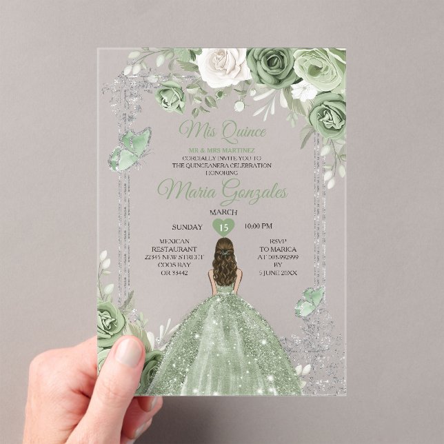Invitaciones Acrílicas Plata Sage Green Mis Quince 15 Anos Mariposa (Insitu (portátil))