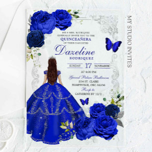 Invitaciones Acrílicas Plata y Azul Real Princesa Quinceañera