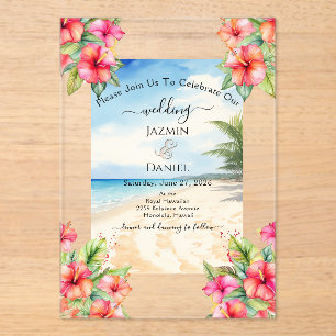 Invitaciones Acrílicas Playa de Hibisco Tropical