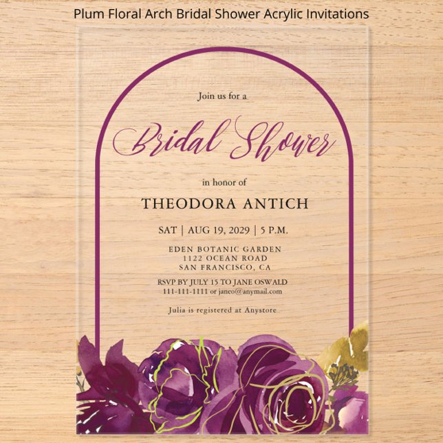 Invitaciones Acrílicas Plum Floral Arch Bridal Shower (Subido por el creador)