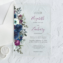 Invitaciones Acrílicas Plum Watercolor Floral Naval Boda Azul