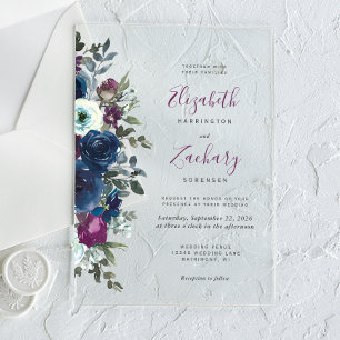 Invitaciones Acrílicas Plum Watercolor Floral Naval Boda Azul