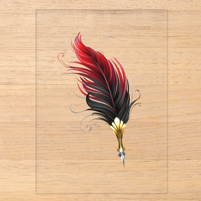Invitaciones Acrílicas Pluma de pluma roja con plumilla dorada (Anverso)